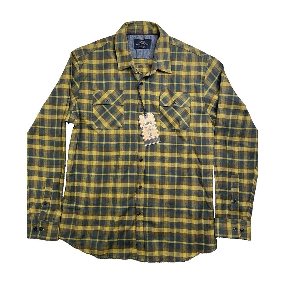 MBX Men's XL Plaid Flannel Shirt Yellow Green Button Up NWT Cotton Blend